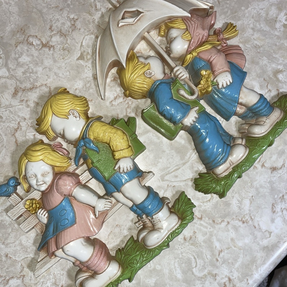 VTG 1977 Children Wall Plaques blue pink‎ green boy girl Homco Home Interiors